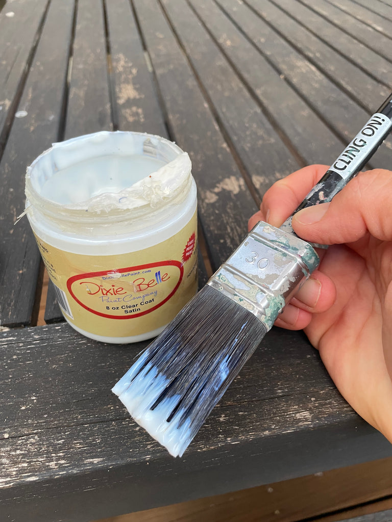Dixie Belle clear coat Satin with Cling On brush in use