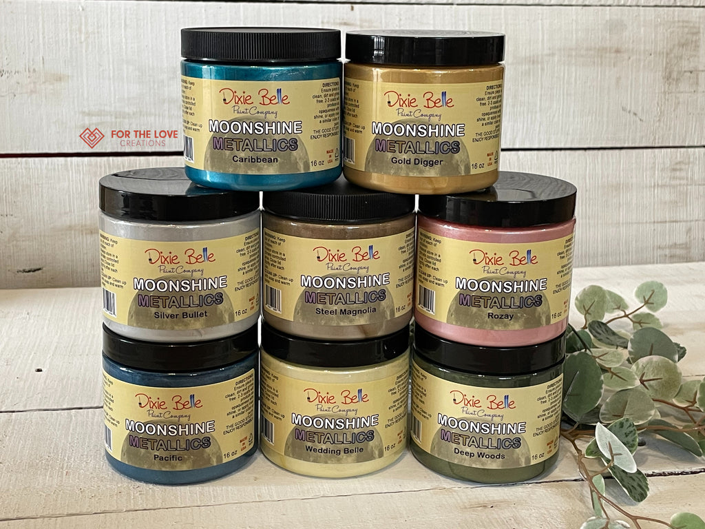 Dixie Belle Moonshine Metallic paint 8 colours pale silver green pink cream gold deep silver blue green blue