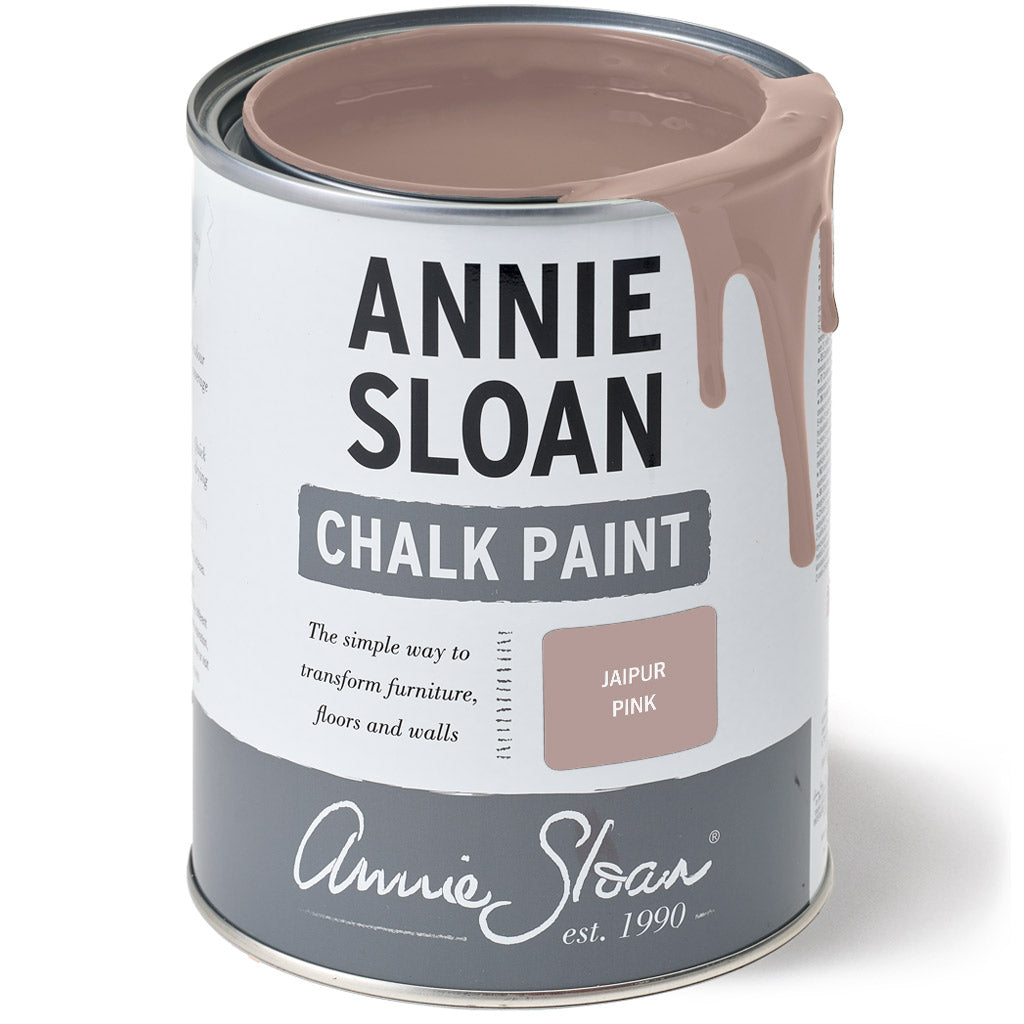 Annie Sloan Chalk Paint can with Jaipur Pink color swatch on a white background