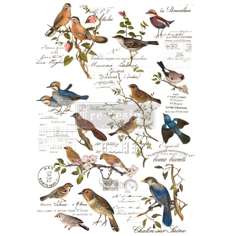 Redesign with Prima decor transfer Postal Birds blue white brown birds vintage script text at For the Love Creations Australian stockist