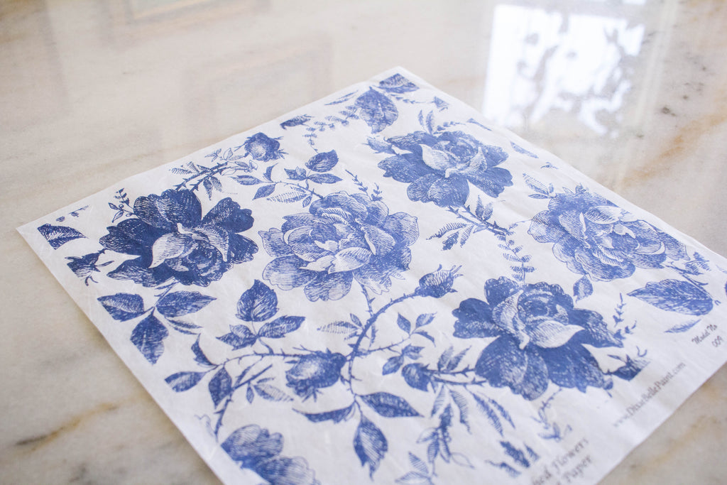 Sketched Blue Flowers rice decoupage paper blue roses 30 x 32cm Belles and Whistles