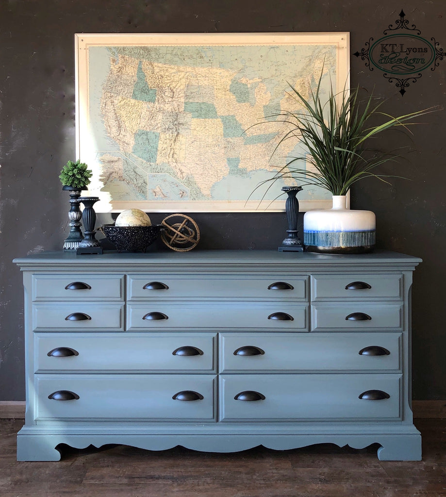 Dixie Belle Dusty Blue classic medium blue painted dresser chalk paint