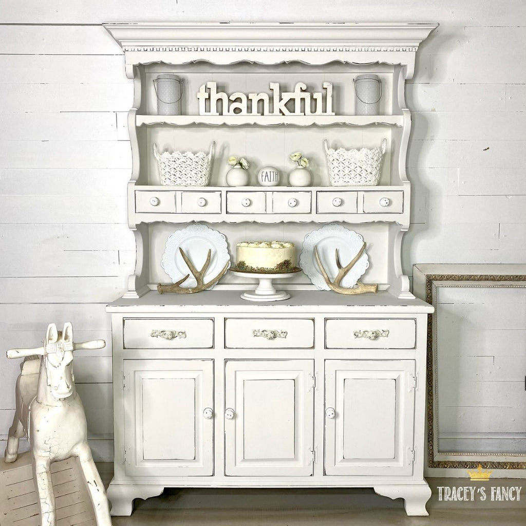 Dixie Belle Fluff grey white painted hutch chalk paint