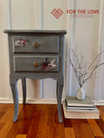 Dixie Belle Gravel Road on a side table with Belles & Whistles transfers and white wax For the Love Creations chalk paint