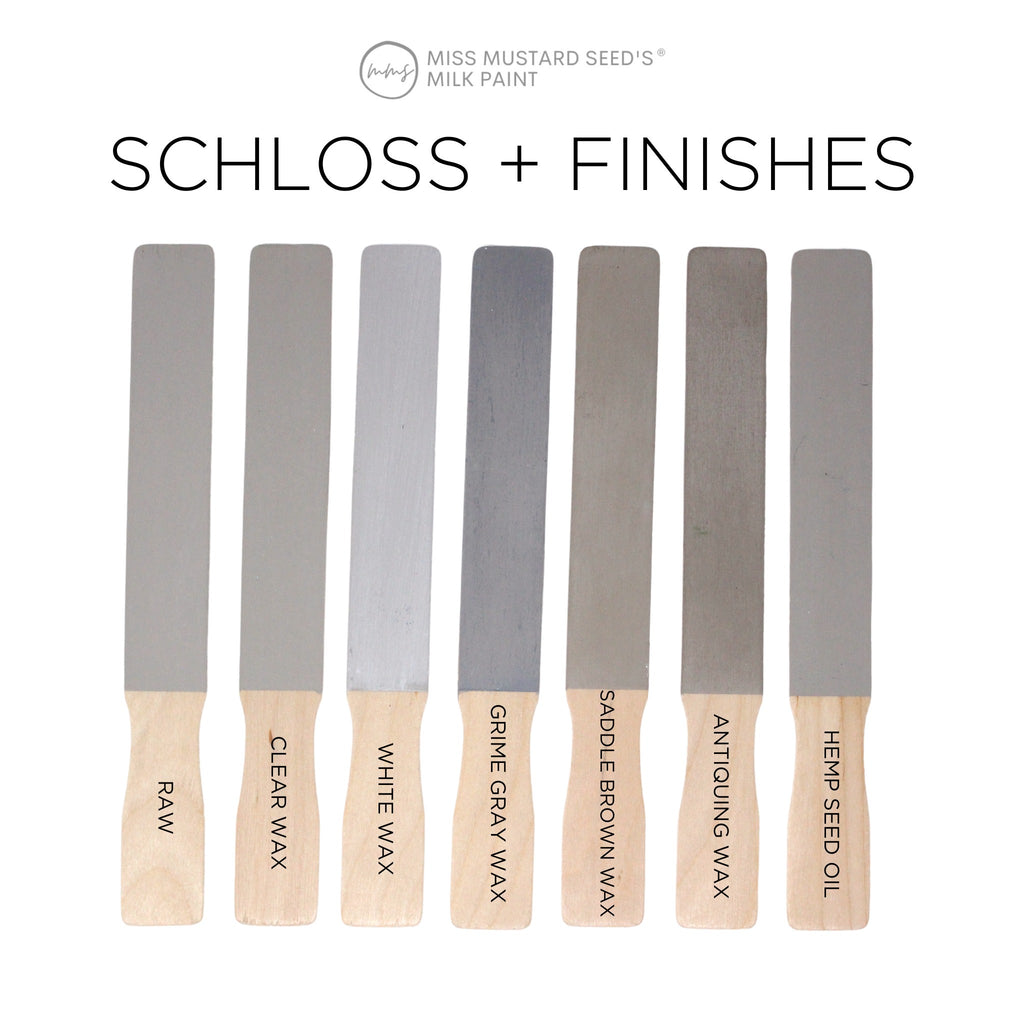 MMS Milk Paint Schloss warm greige painted sticks with coloured wax finishes