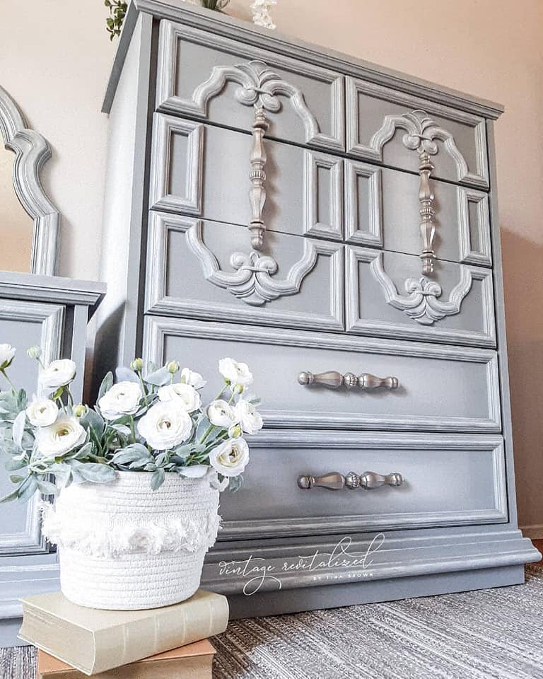Dixie Belle Manatee Gray classic pale grey painted tallboy chalk paint