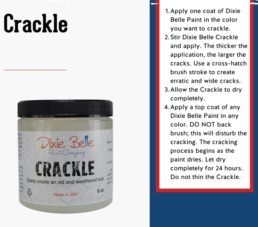 Dixie Belle Crackle creates a cracked finish as the paint dries for an aged finish